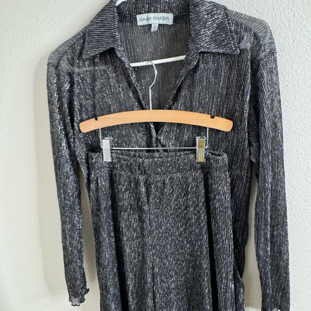 Almost Famous Metallic Black Ribbed Long Sleeve Dress Set